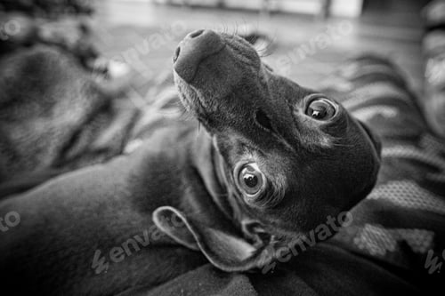 Preview: Charming dachshund canine lounging on the couch, gazing directly at the camera