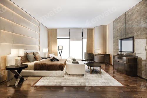Preview: 3d rendering beautiful comtemporary luxury bedroom suite in hotel with tv and sofa