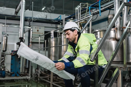 Preview: Technician engineer man sitting and holding blueprint of project in beverage plant