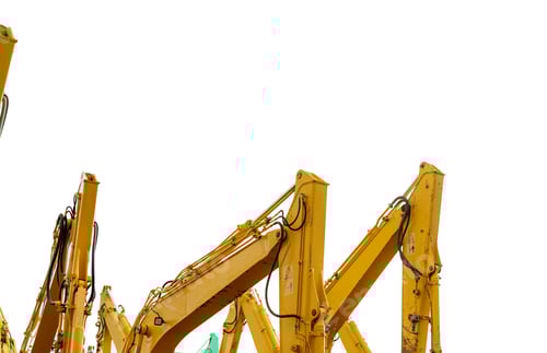Preview: Yellow backhoe with hydraulic piston arm isolated on white. Heavy machine for excavation