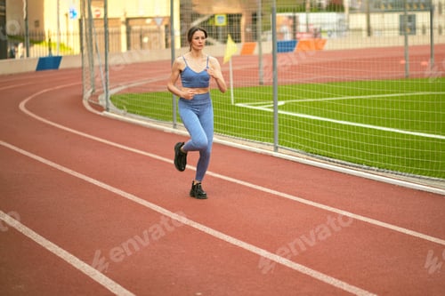 Preview: woman in blue sportswear runs on a track, demonstrating focus and endurance. This image highlights