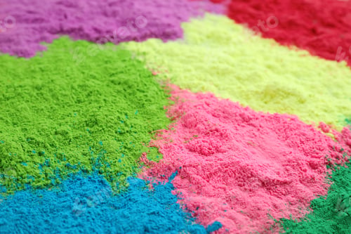 Preview: Colorful powder dyes as background, closeup. Holi festival