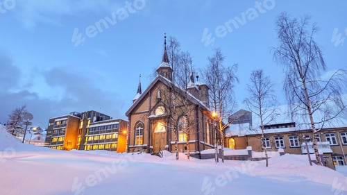 Preview: Beautiful view of illuminated Cathedral of Our Lady in winter in Tromso, Norway