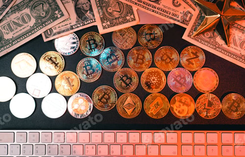 Preview: Crypto coins and money on the desktop