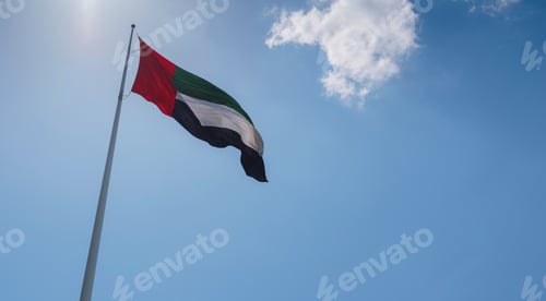 Preview: United Arab Emirates flag flying against sky.