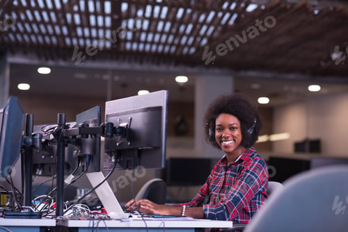 Preview: portrait of a young successful African-American woman in modern office
