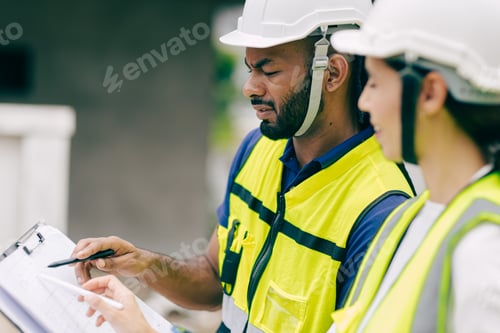 Preview: Construction Engineer team, Engineers teamwork man and women working together at construction site