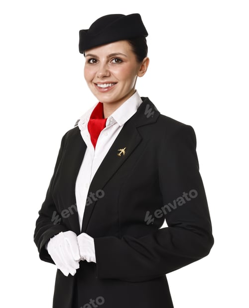 Preview: Happy flight attendant in uniform on white background