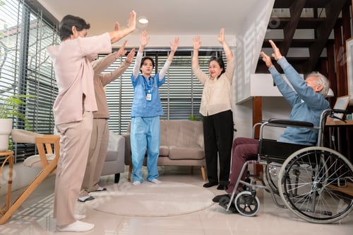 Preview: Group of Asian senior people are given advice by psychologist