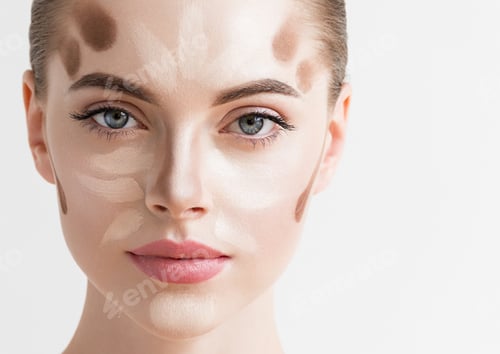 Preview: Closeup woman face. Contour Highlight makeup sample. Professional Contouring face white background