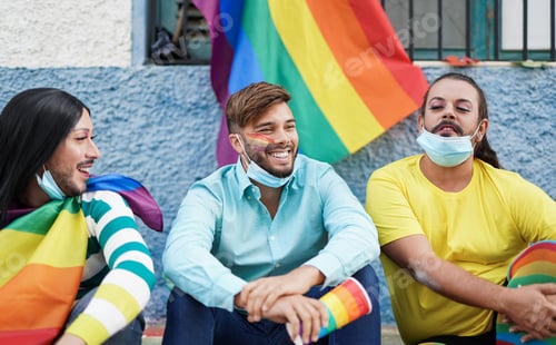 Preview: Friends enjoying the lgbt parade - Gay men and transgender wearing surgical face mask