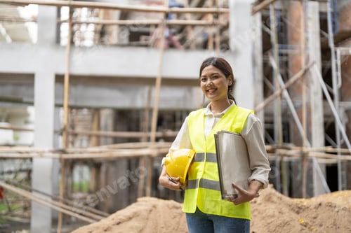 Preview: Portrait of asian female site contractor engineer with hard hat holding blue print paper