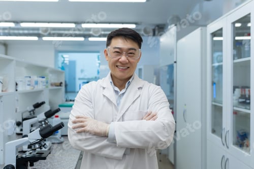Preview: Portrait of an Asian young male developer and engineer standing with crossed arms and smiling in a
