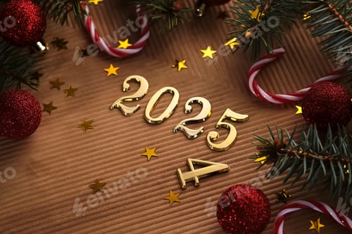 Preview: New Year 2025 beige background. Number of the coming year in Christmas decoration.