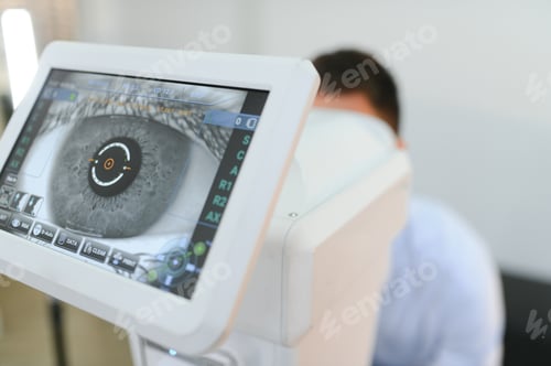 Preview: Handsome young man is checking the eye vision in modern ophthalmology clinic.