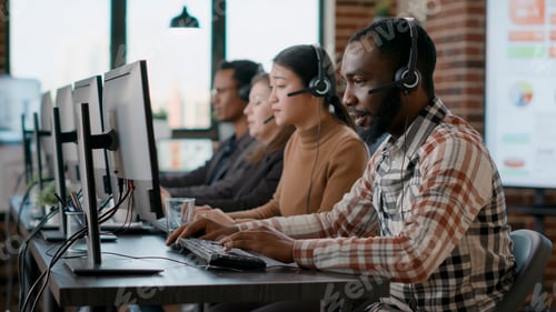 Preview: African american man working at call center office