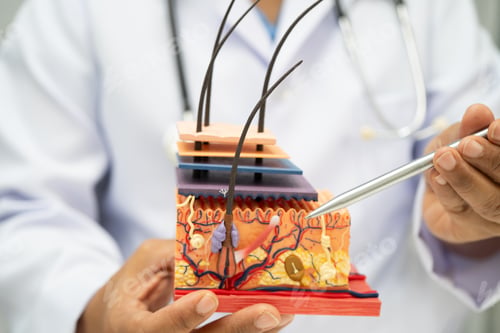 Preview: Asian dermatologist doctor holding skin structure model anatomy