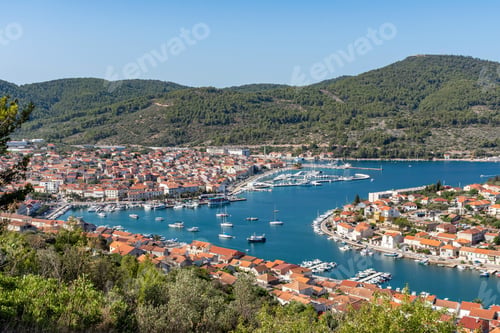 Preview: High angle view of idyllic town Vela luka on Korcula island in Croatia