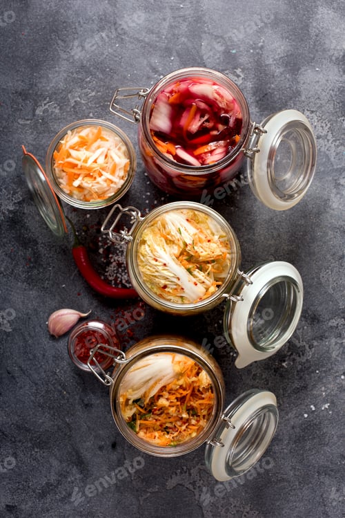 Preview: Fermented Cabbage, Fermented Vegetables in Jars, Kimchi, Fermentation Concept
