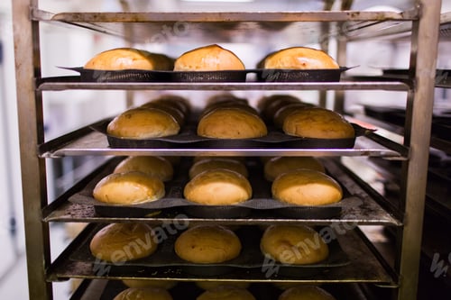 Preview: Lot of freshly baked pastry arranged on the shelves