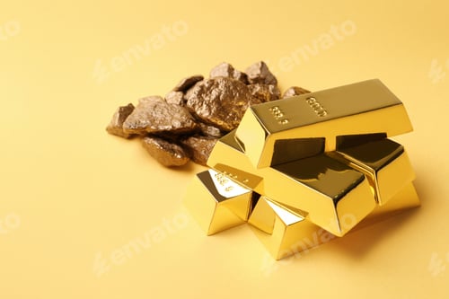 Preview: Gold nuggets and ingots on color background