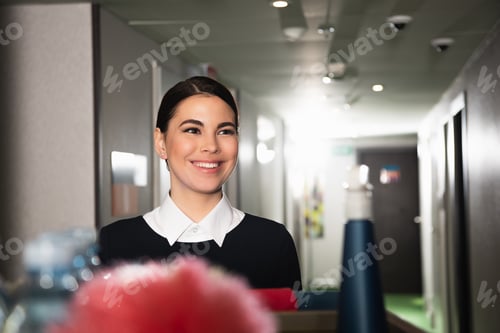Preview: cheerful maid near blurred housekeeping cart