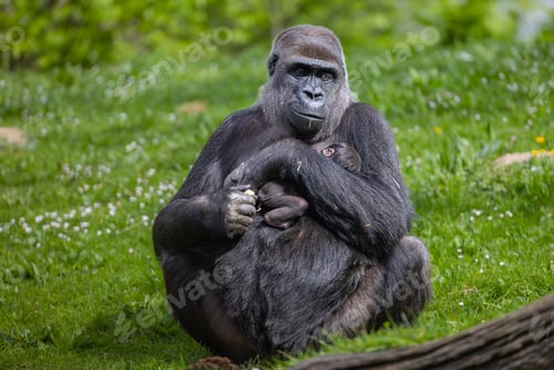 Preview: Lowland gorilla mother and baby relaxing on grass at the zoo
