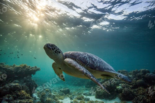 Preview: Rare green sea turtle (Chelonia Mydas), swimming in open ocean, Moalboal, Cebu, Philippines