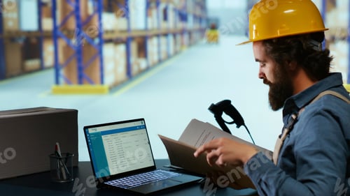 Export manager creating invoice for cargo shipment