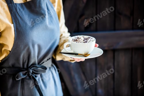 Preview: female waiter in an apron holds a cappuccino
