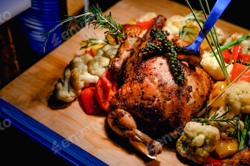 Preview: Close-up of a large turkey decorated with various vegetables around and served to a happy family