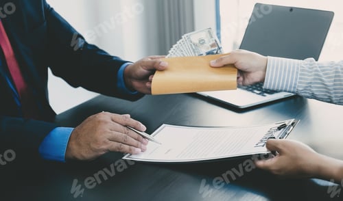Preview: Government officials hand sign the contract and receiving bribe money from businessman