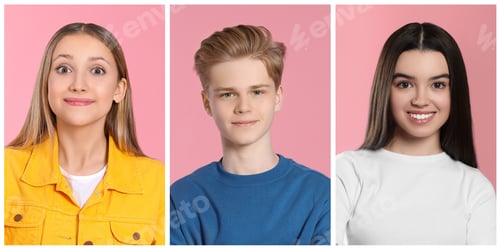 Preview: Portraits of teenagers on pink background, collage design