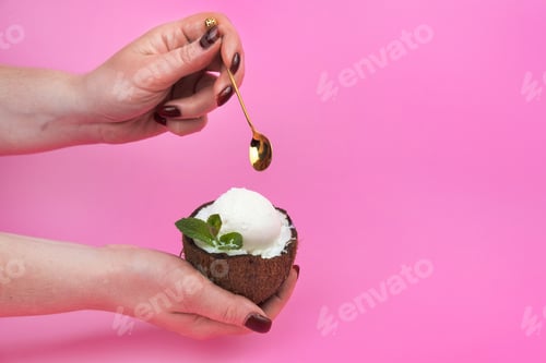 Preview: Vanilla ice cream balls in a fresh coconut half, decorated with mint leaves in the hand with a spoon
