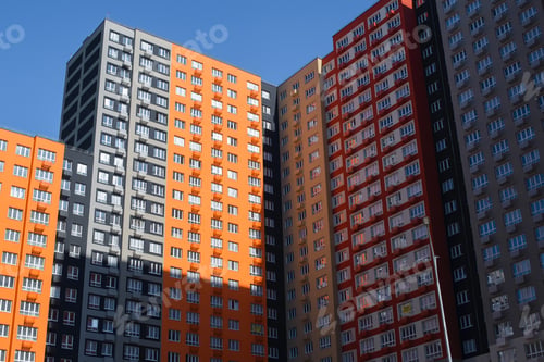 Preview: Multi-storey buildings outside. Residential apartment complex, bottom-up view. Multicolored modern