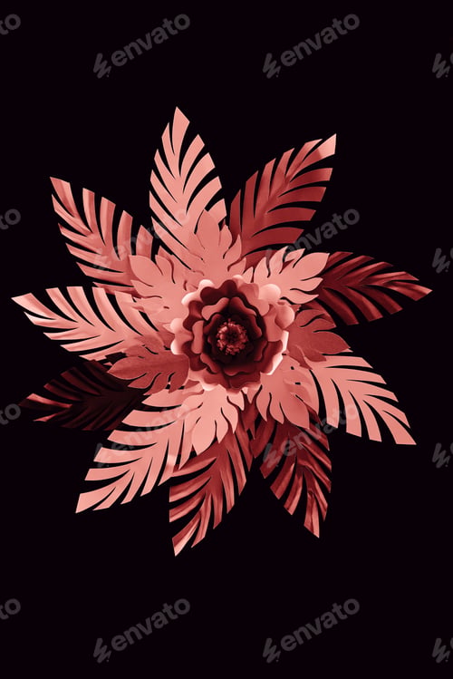 Preview: top view of paper cut coral leaves with flower isolated on black, background pattern
