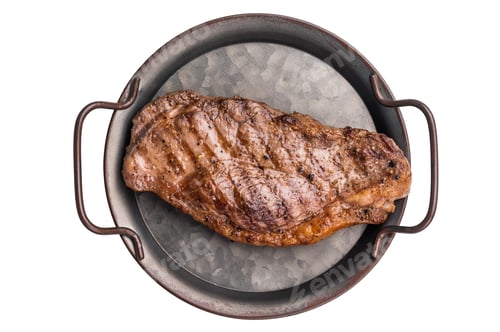 Preview: Grilled striploin steak, strip loin beef meat steak on a steel tray isolated on white background