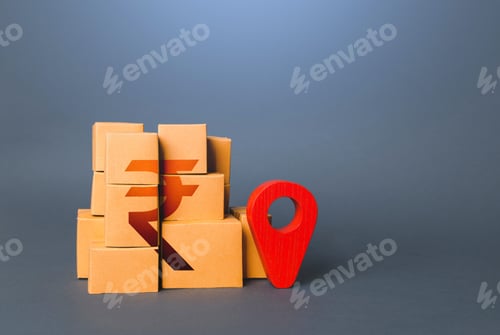 Preview: Boxes with indian rupee won symbol and red location pin.