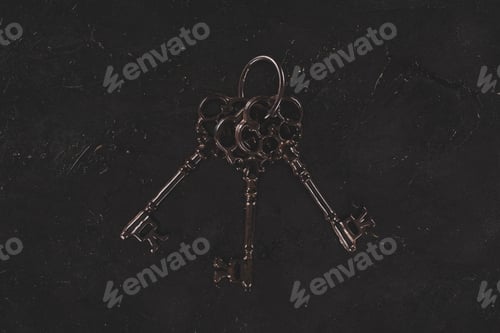 Preview: top view of vintage metal bunch of keys on black table