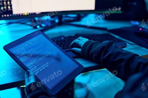 Preview: Tablet, html screen and programmer hands with coding software system for cyber security or hacking.