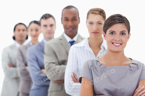 Preview: Close-Up Of A Business Team In A Single Line Crossing Their Arms With Focus On The First Woman