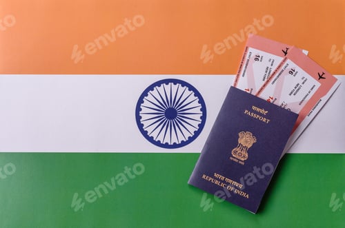 Preview: Indian passport and tickets for travelling, flying and doing business. India document, id