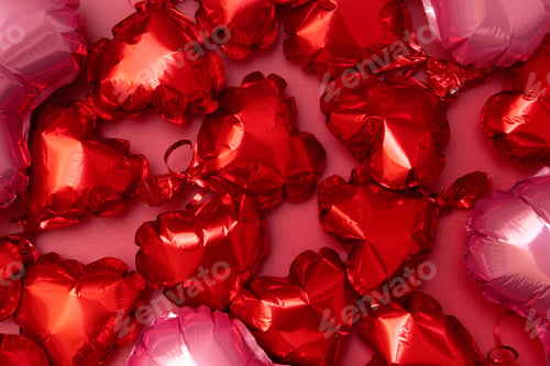 Vista previa: Valentines Day festive background from foil balloons in the shape of heart on red