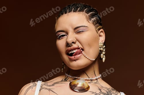 Preview: Stylish young woman posing confidently with unique jewelry and expressive makeup at home