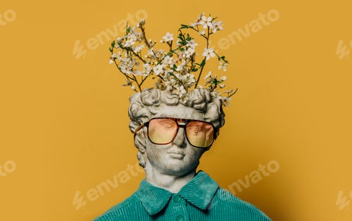 Preview: Classical white bust with a blooming tree branch sprouting from his head.