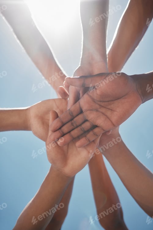 Preview: Hands, support and diversity with team, solidarity and together for collaboration and team building