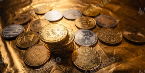 Preview: Cryptocurrency coin and bitcoin on golden background