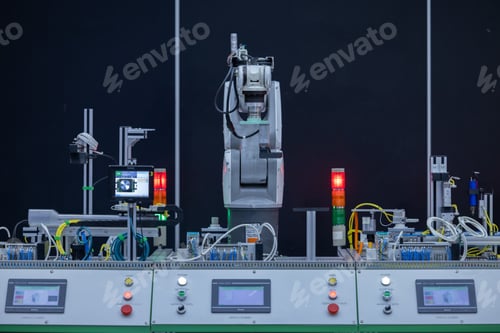 Preview: Robotic arm handling boxes on pallets in automated warehouse, Logistics warehouse automation