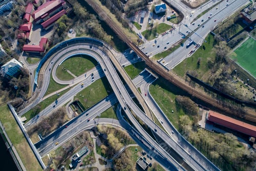 Preview: Aerial view of a freeway intersection