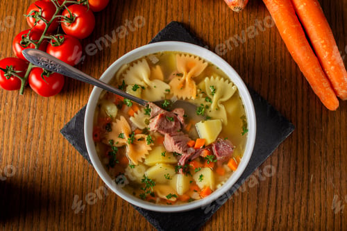 Preview: Soup with smoked meat, vegetables and pasta